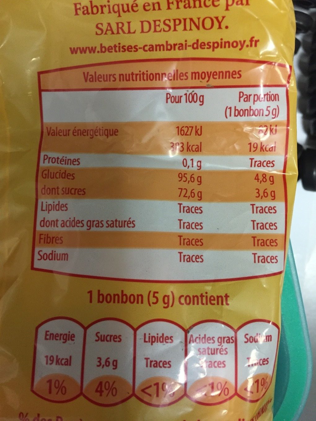Bonbon - Tableau nutritionnel