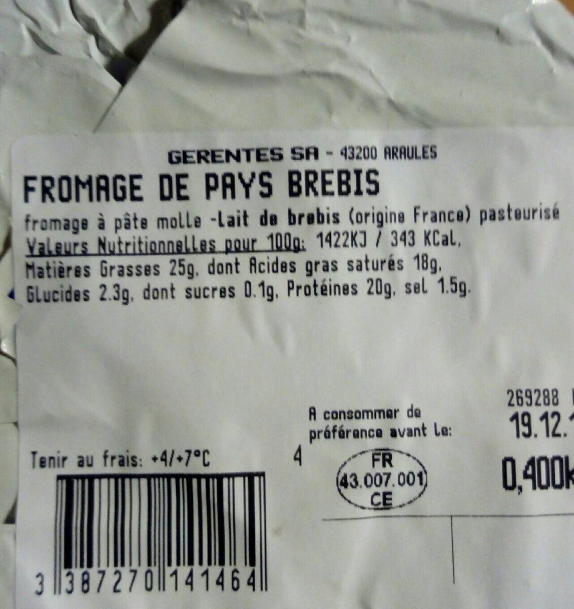 Fromage de pays au lait de montagne - Valori nutrizionali - fr