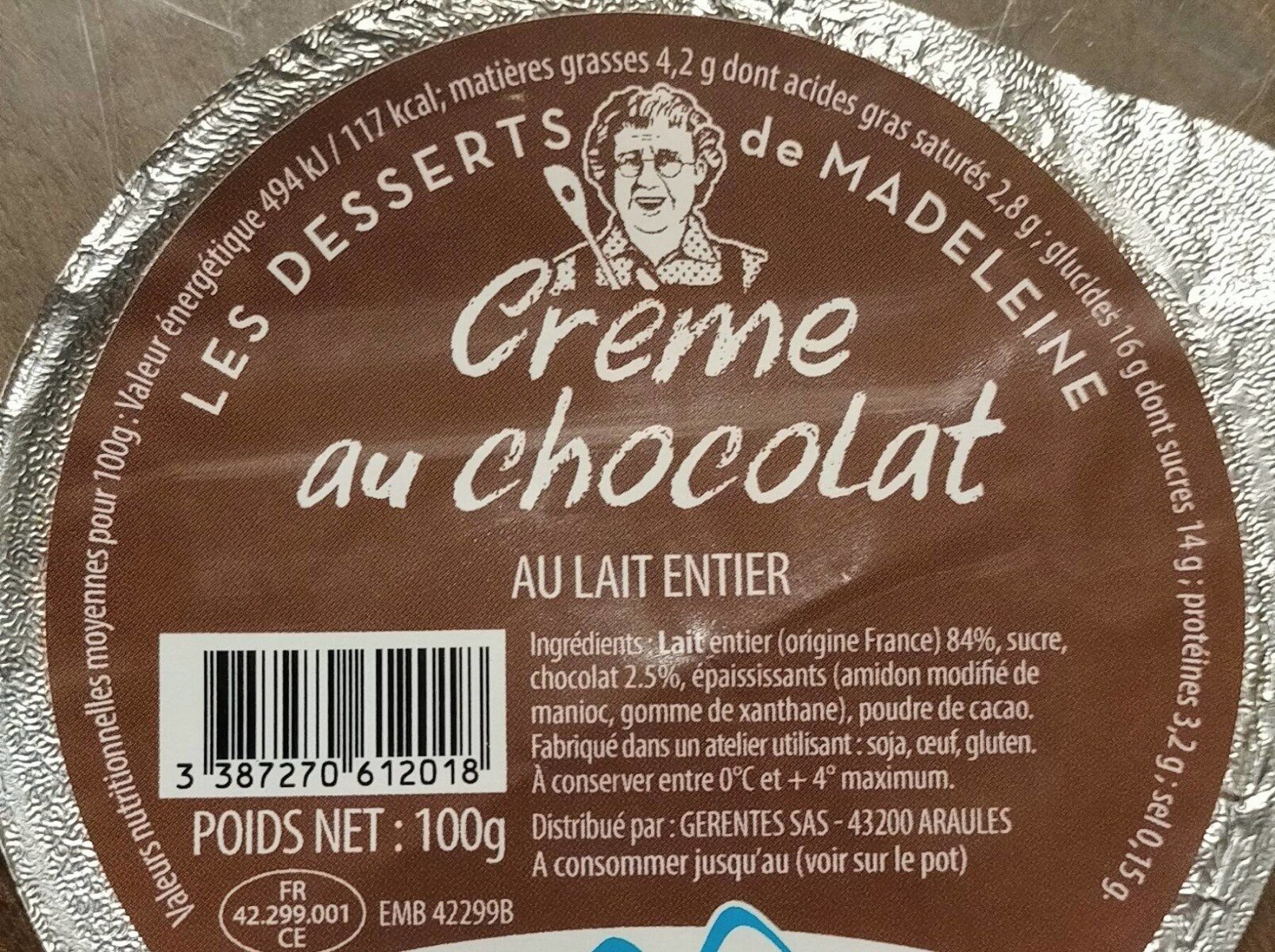 Crème au chocolat - Tableau nutritionnel