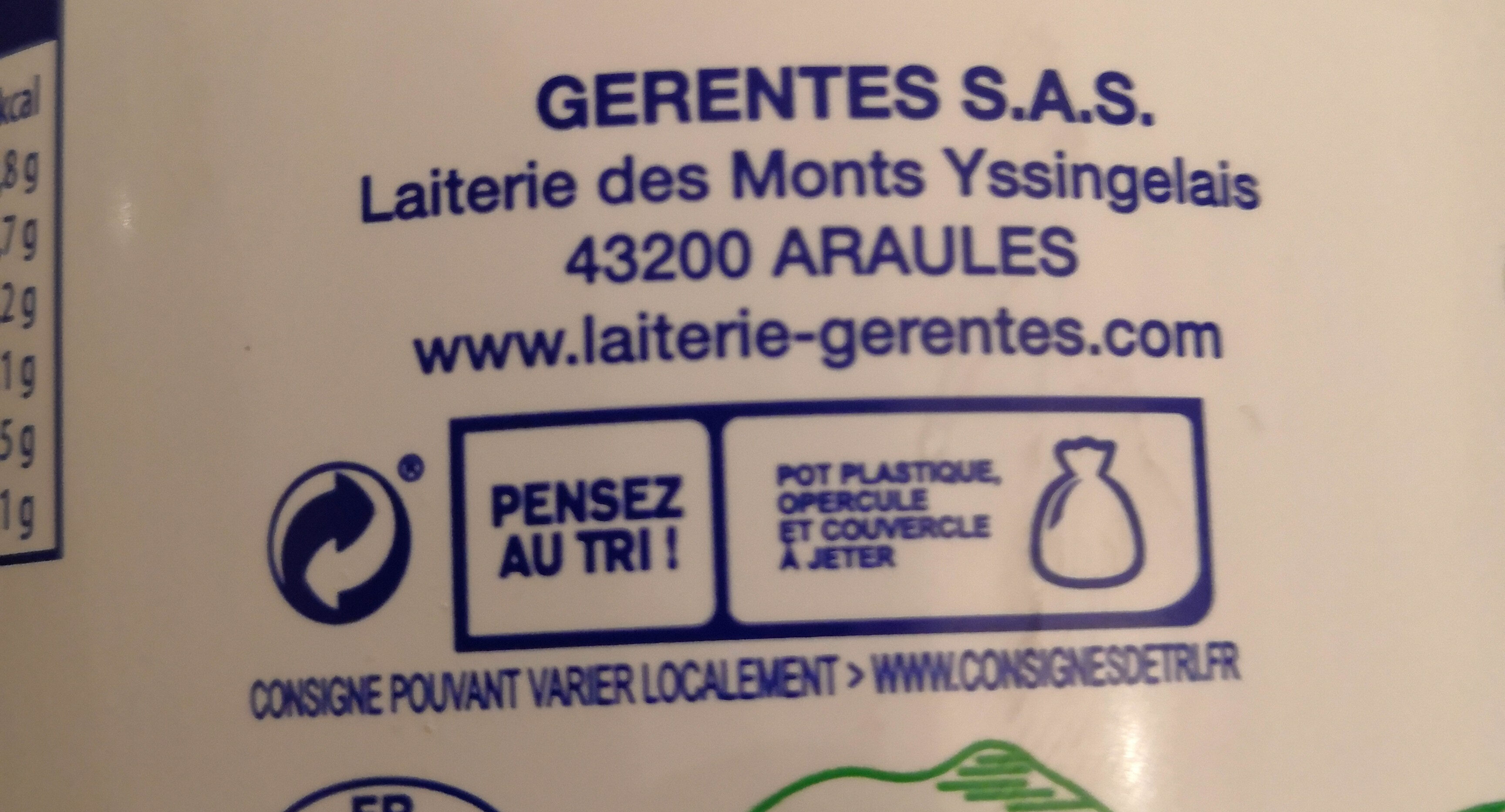 Fromage blanc au lait de montagne Laiterie Gerentes, 40% MG - Instruction de recyclage et/ou informations d'emballage
