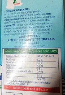 Les Monts Yssingelais lait demi ecreme - Tableau nutritionnel