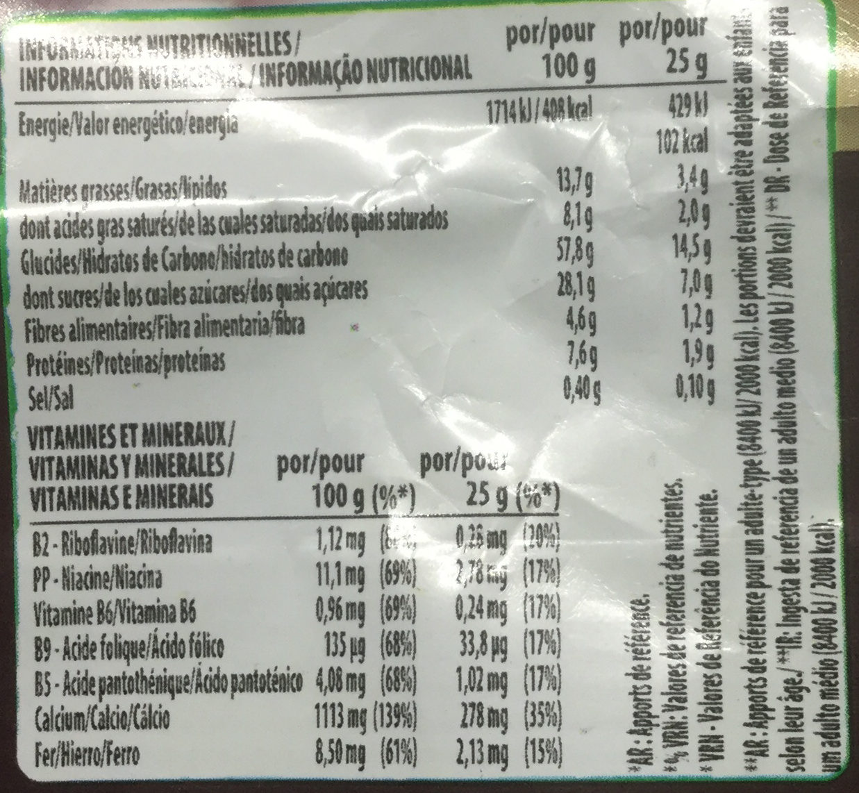 CHOCAPIC barres de céréales - Tableau nutritionnel