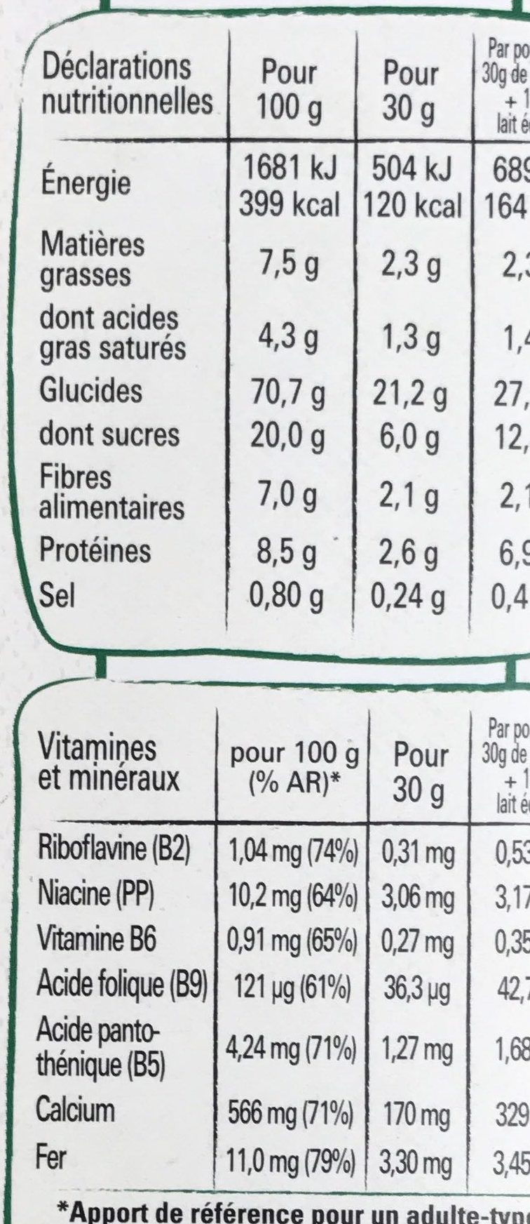 NESTLE FITNESS Chocolat au lait céréales 375g - Dados nutricionais - fr