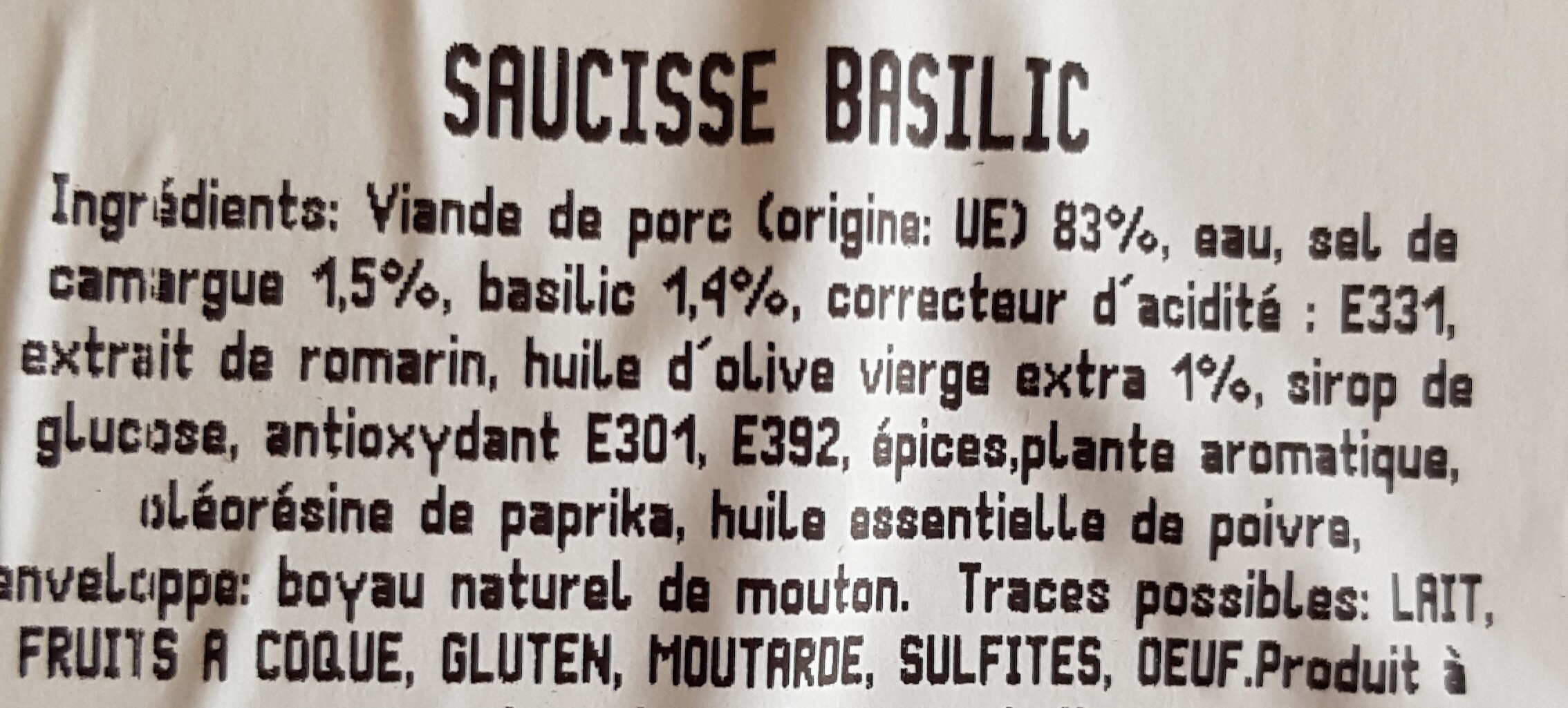 Saucisse au basilic huile d'olive vierge extra - Ingrédients