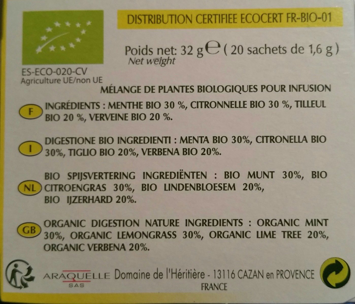 Tisane Digestion Nature Bio - Ingredients - fr