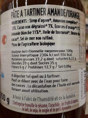Pâte à tartiner amande-cacao écorces d'orange - Nutrition facts - fr