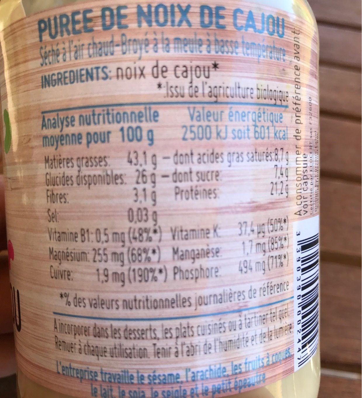 Purée Bio De Noix De Cajou - Nutrition facts - fr