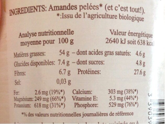Puree amandes blanche sans cuisson - Informació nutricional - fr