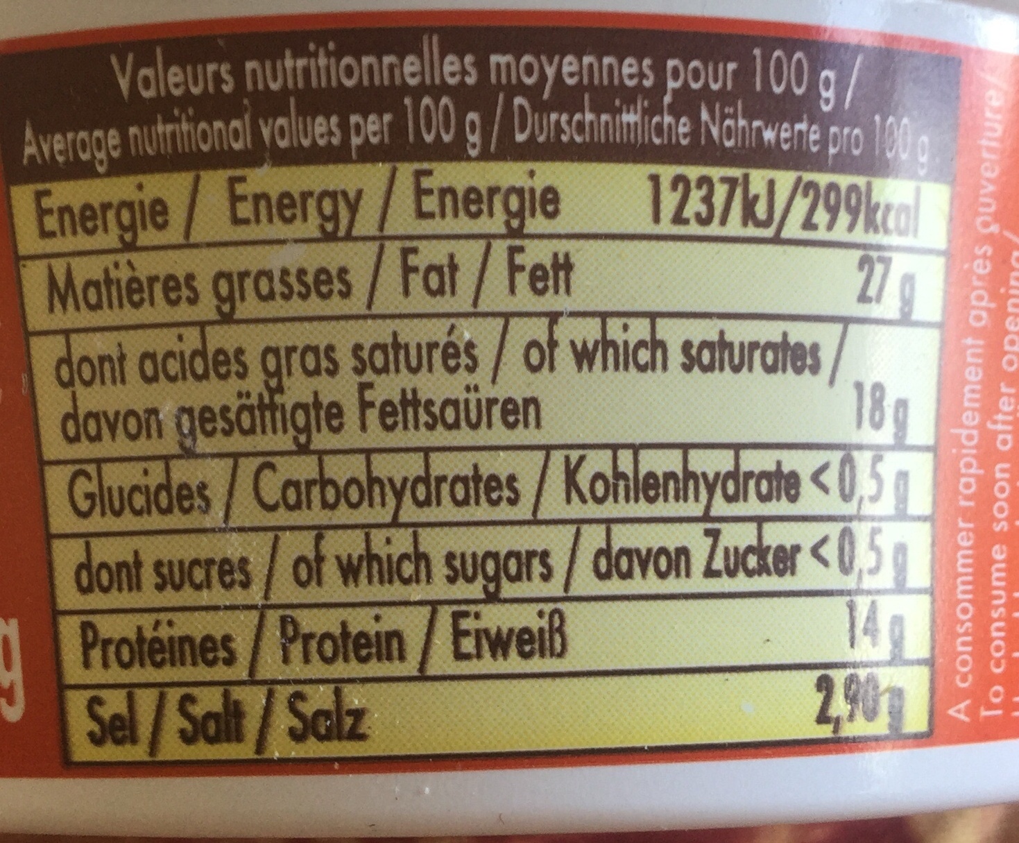 Crème de Munster - Tableau nutritionnel