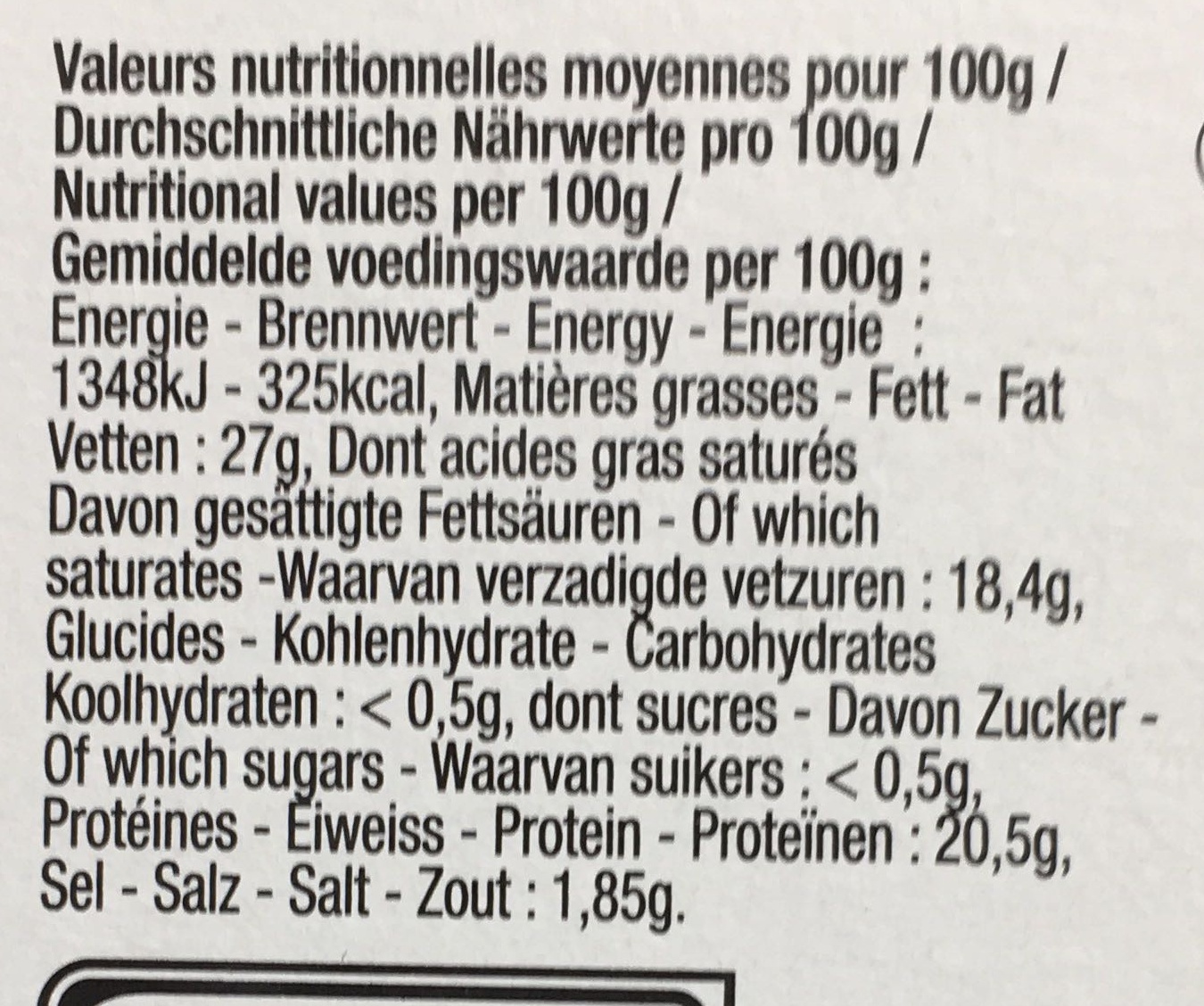 Fromage affiné au Marc de Gewürztraminer (27% MG) - Tableau nutritionnel