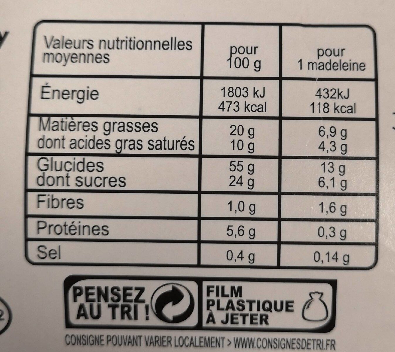 Madeleines de Commercy - Nutrition facts - fr