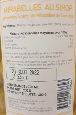 Mirabelles au sirop 720mL - Nutrition facts - fr