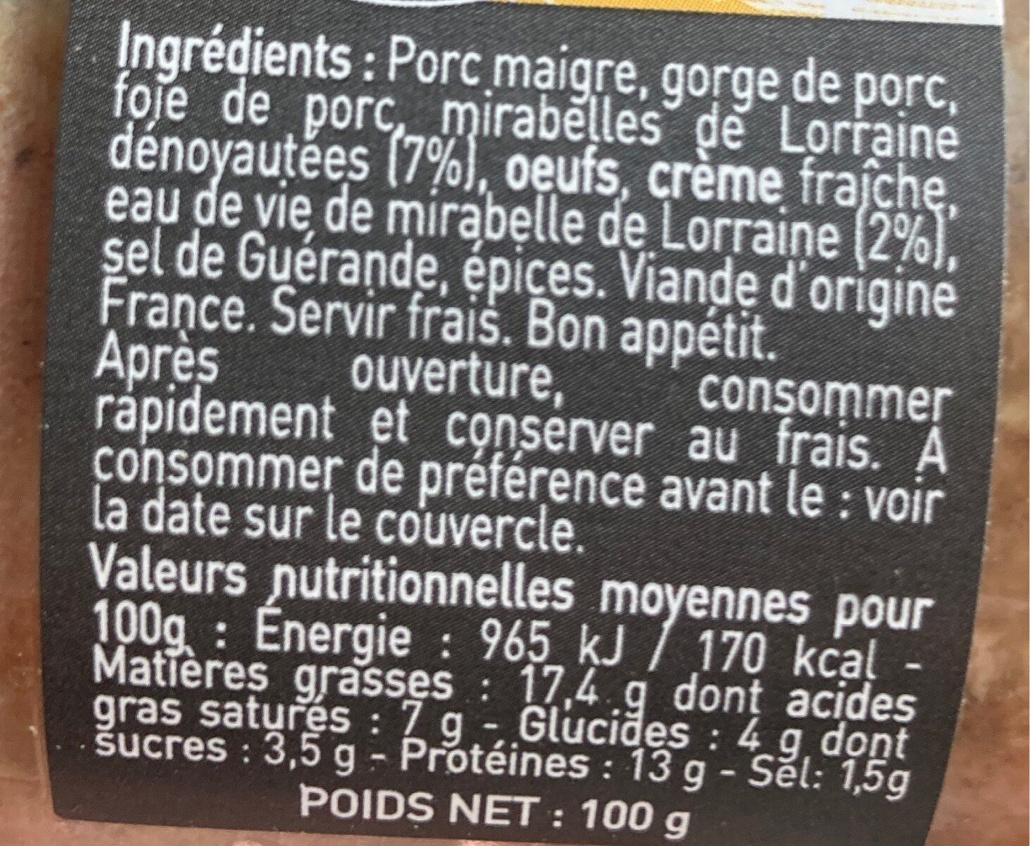 Terrine aux mirabelles - Nutrition facts - fr
