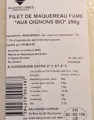 Filet de maquereau fumé aux oignons bio - Näringsfakta - fr