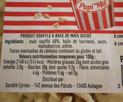 Pop corn sucré - Ingredients - fr