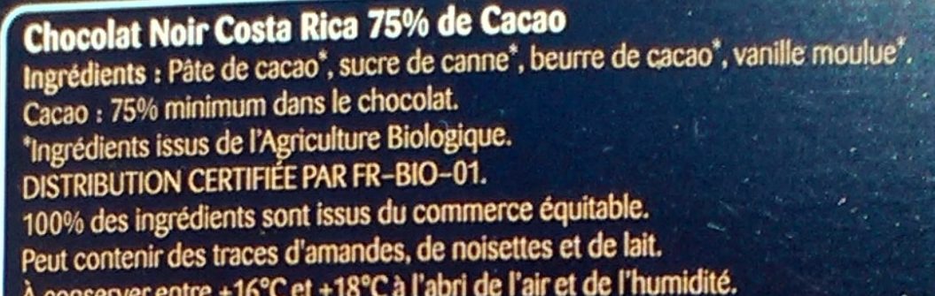 Chocolat Noir Costa Rica 75% De Cacao - Ingredients - fr