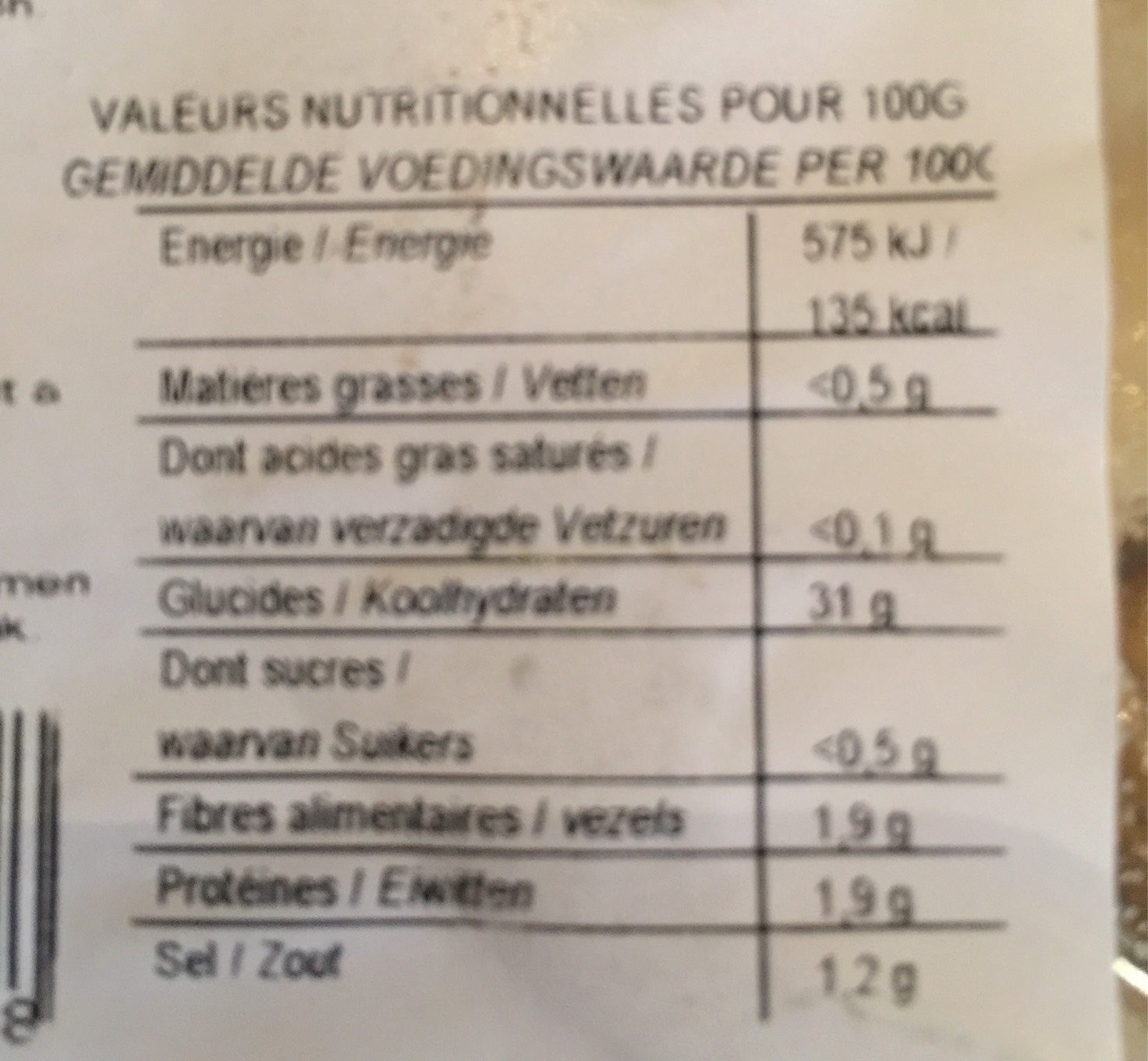 Gnocchis sans gluten - Tableau nutritionnel