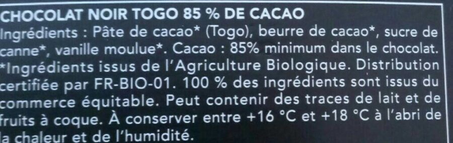 Dégustation Noir Togo 85% - Ingrédients
