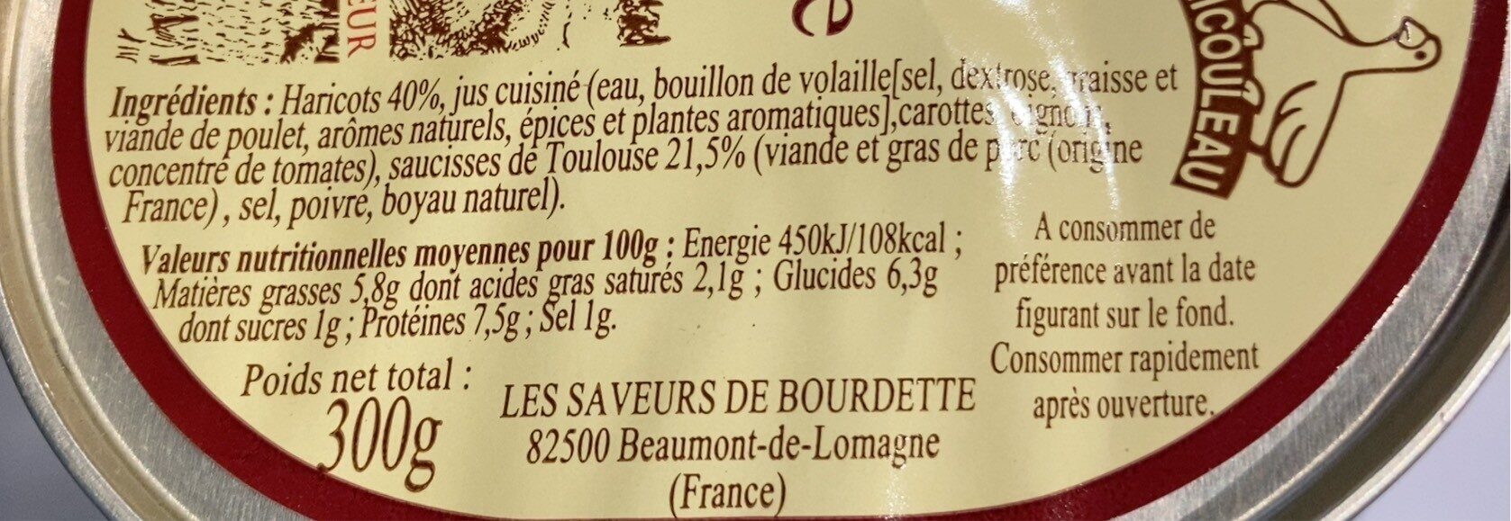 Haricots aux saucisses de Toulouse - Tableau nutritionnel