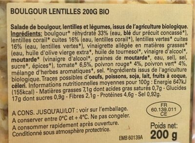 boulgour et lentilles aux legumes - Nutrition facts - fr