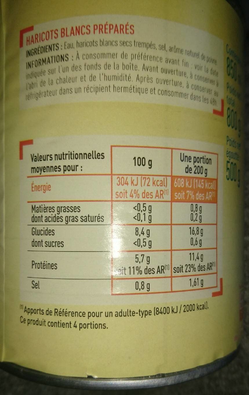 Haricots blancs - Tableau nutritionnel