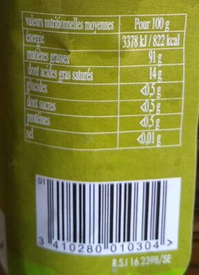 Huile d'olive - Tableau nutritionnel