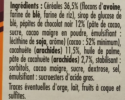 Barres de céréales chocolat cacahuètes - Ingredients - fr