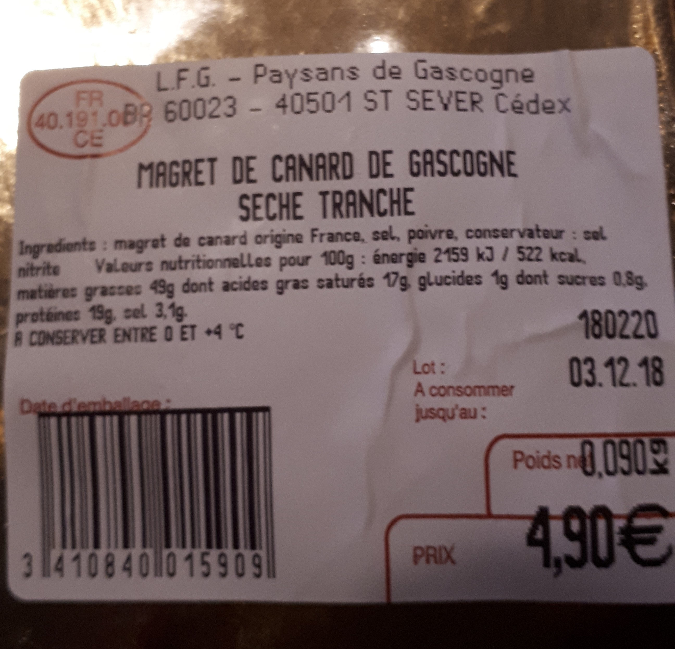 Magret de canard de gascogne seché tranché - Tableau nutritionnel