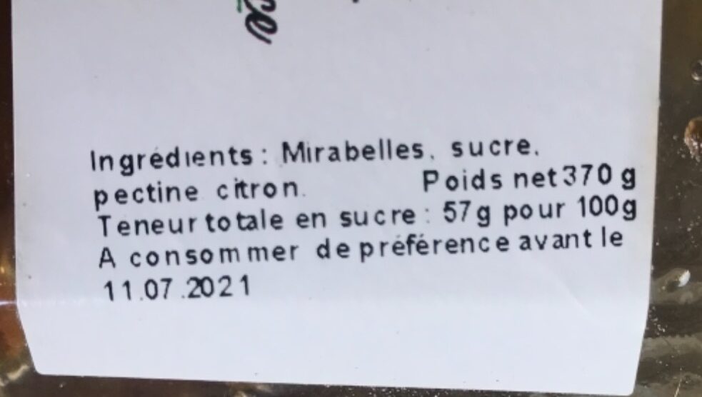 Confiture de mirabelles - Nutrition facts - fr