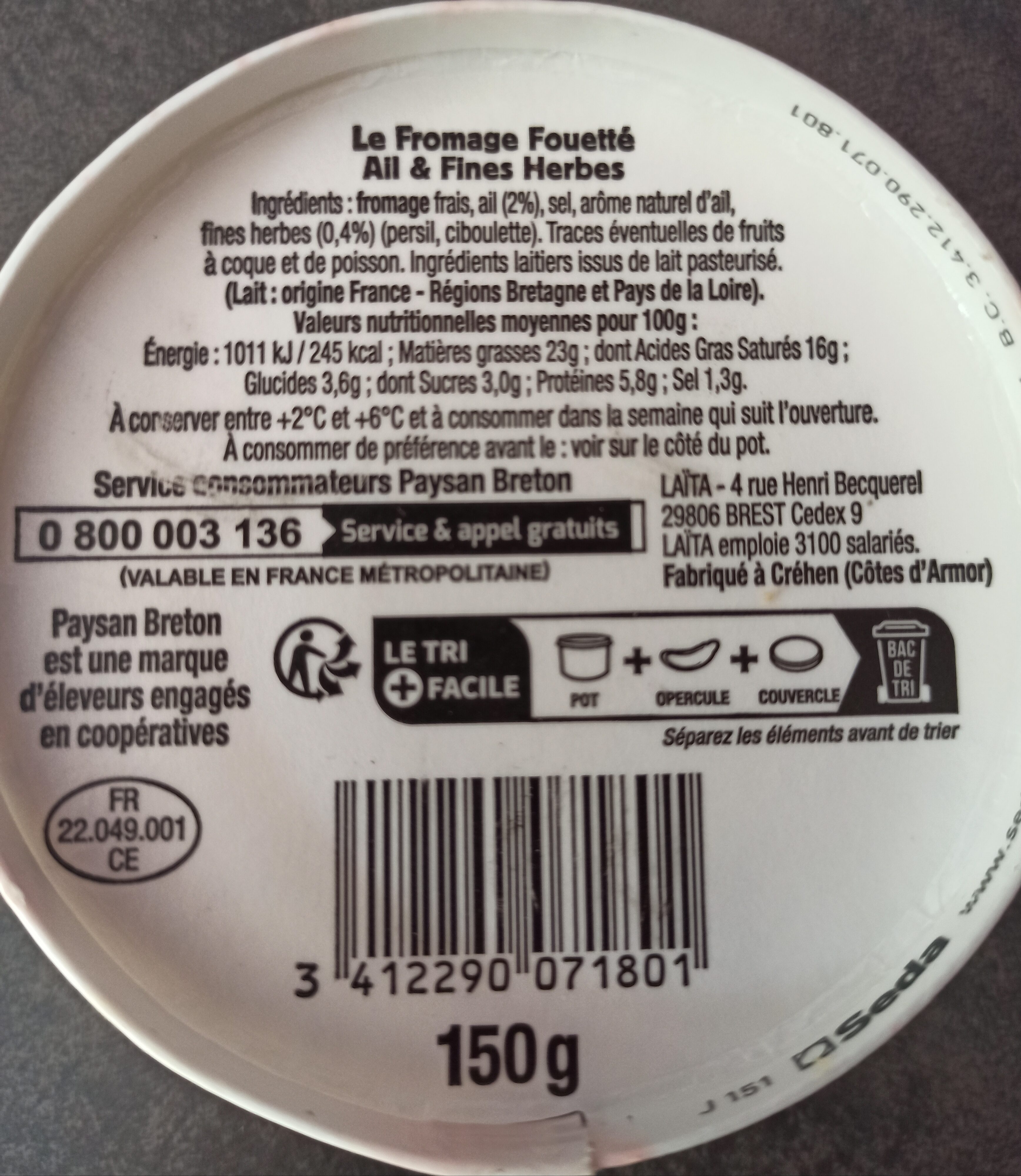 Paysan Breton - Le Fromage Fouetté Madame Loïk - Ail et fines herbes de nos régions françaises - Ingredients - fr