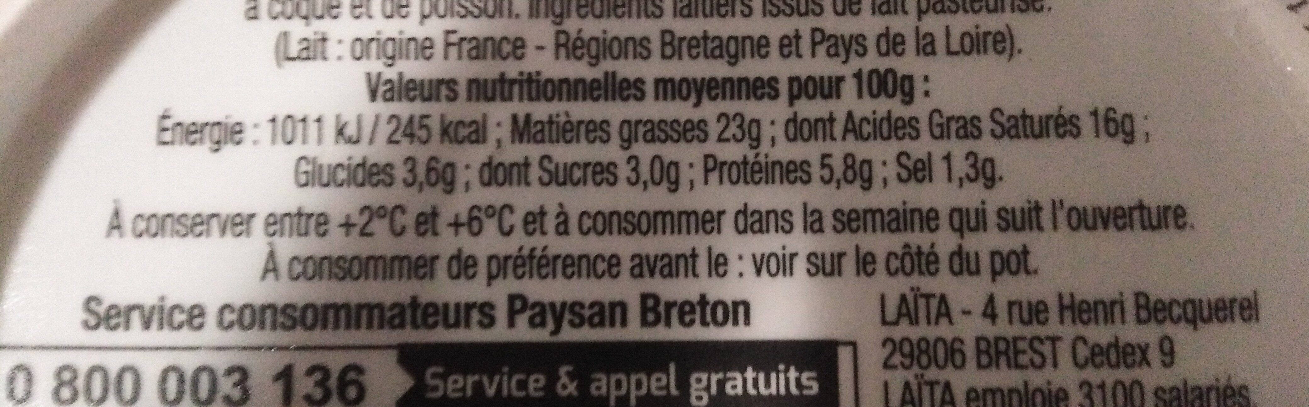 Paysan Breton - Le Fromage Fouetté Madame Loïk - Ail et fines herbes de nos régions françaises - Tableau nutritionnel