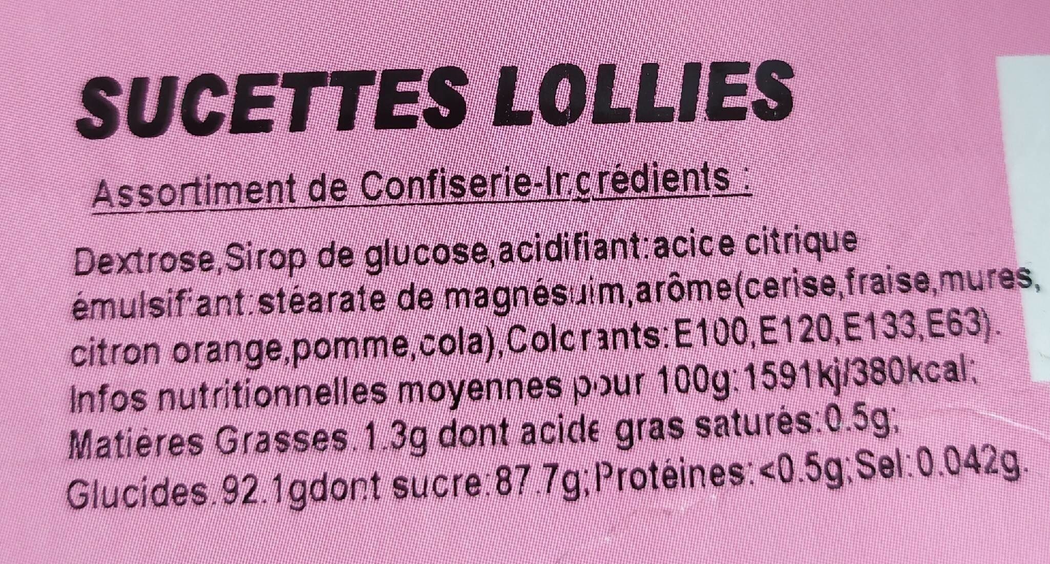 Sucettes Lollies - Tableau nutritionnel
