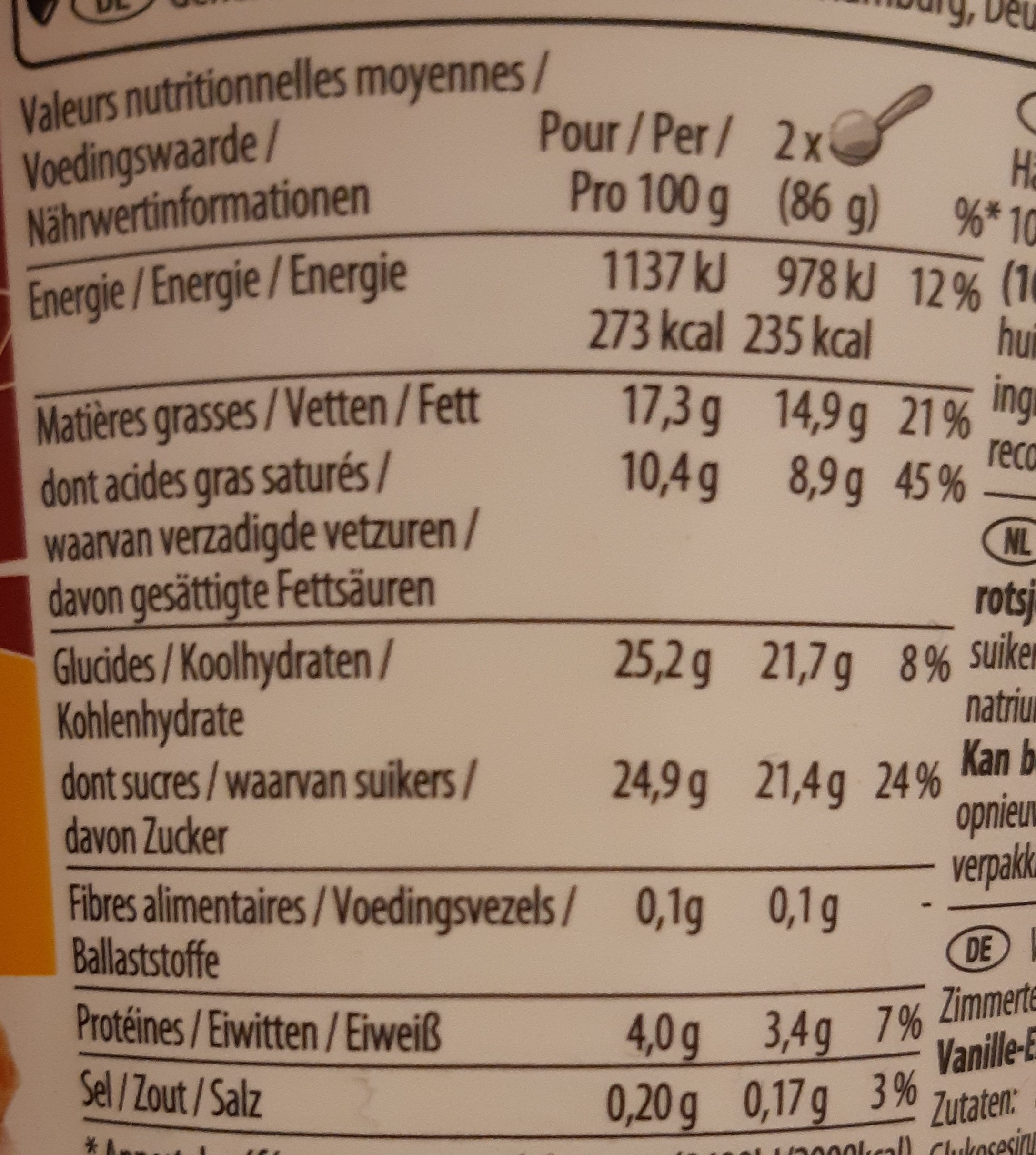 Vanillas macadamia nut brittle - Tableau nutritionnel