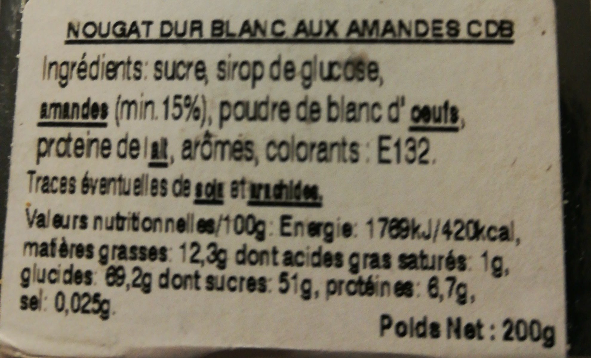 Nougat dur blanc baux amandes - Ingrédients