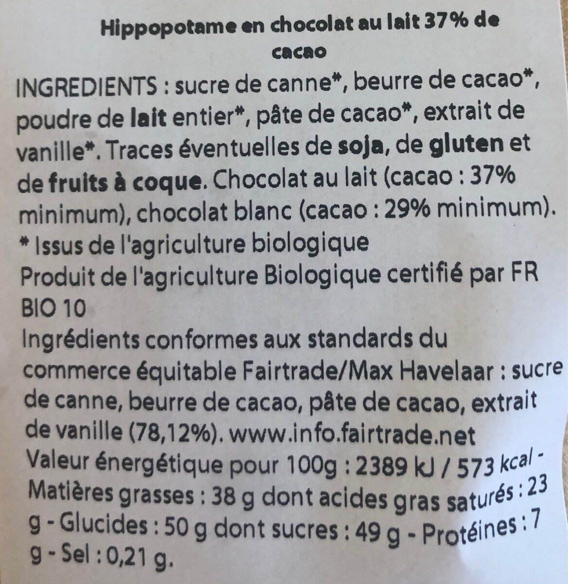Hippopotame en chocolat - Ingrédients