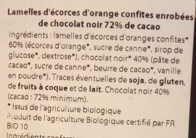 Orangettes - Lamelles d'écorces d'orange confites enrobées de chocolat noir - Ingredientes - fr