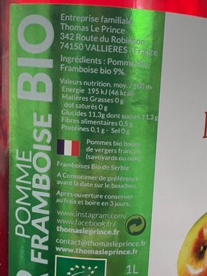 Thomas le prince pur jus pomme framboise bio - Voedingswaarden - fr
