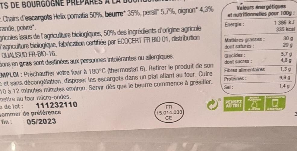 Escargots d Bourgogne  Aqui bio - Nutrition facts - fr