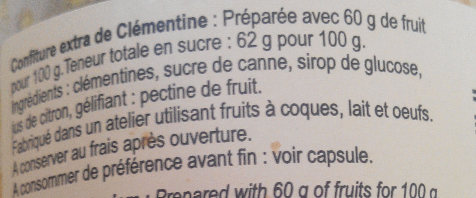 Clémentine - Confiture extra de Corse - Ingrédients