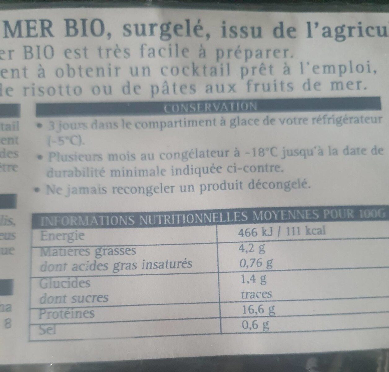 Cocktails de fruits de mer bio - Valori nutrizionali - fr