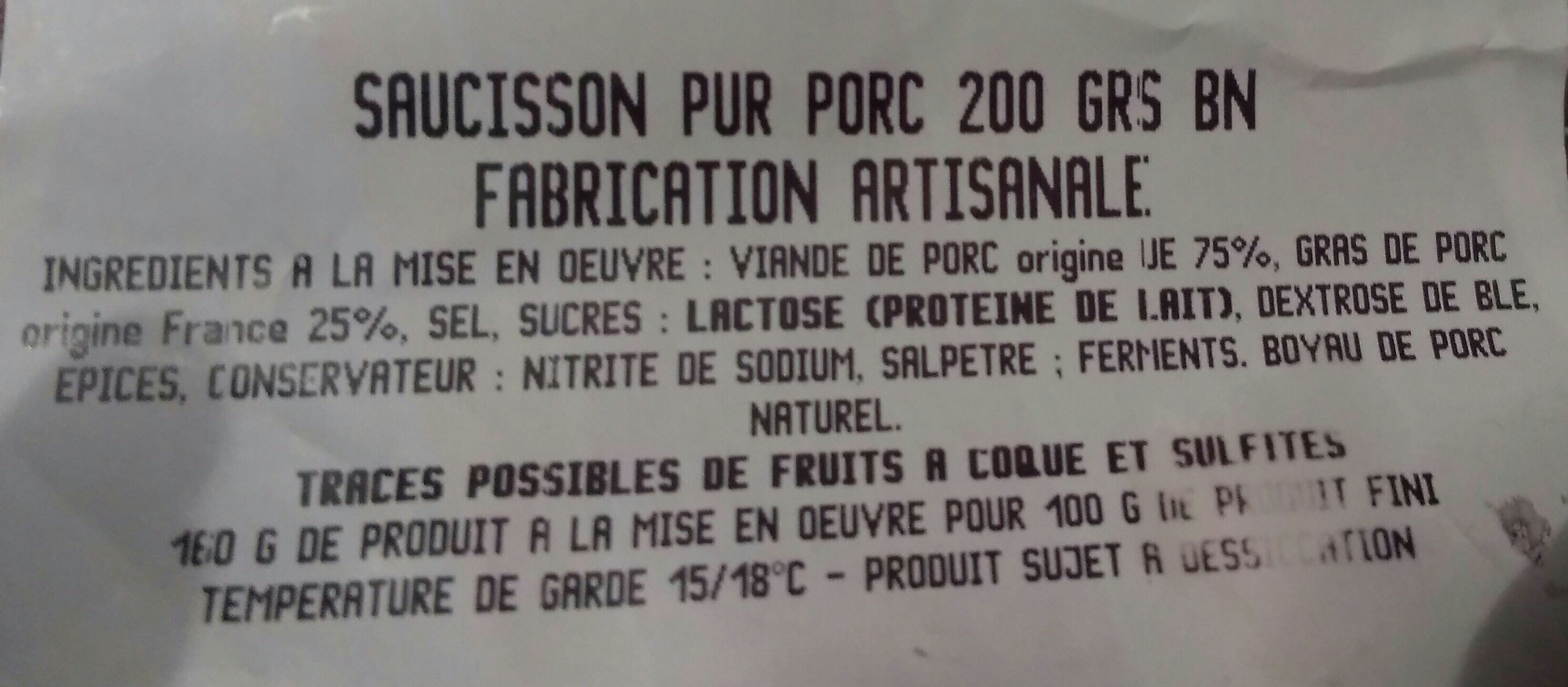 Saucisson Pur Porc - Ingredients - fr