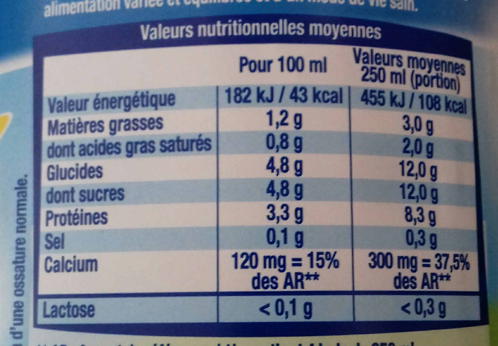 Lait Matin léger BiO - Nutrition facts - fr