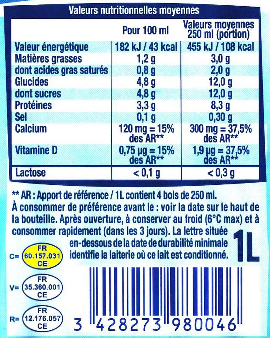 Lait 100 % français Matin Léger® SANS LACTOSE Lait 1,2% M.G. - Tableau nutritionnel