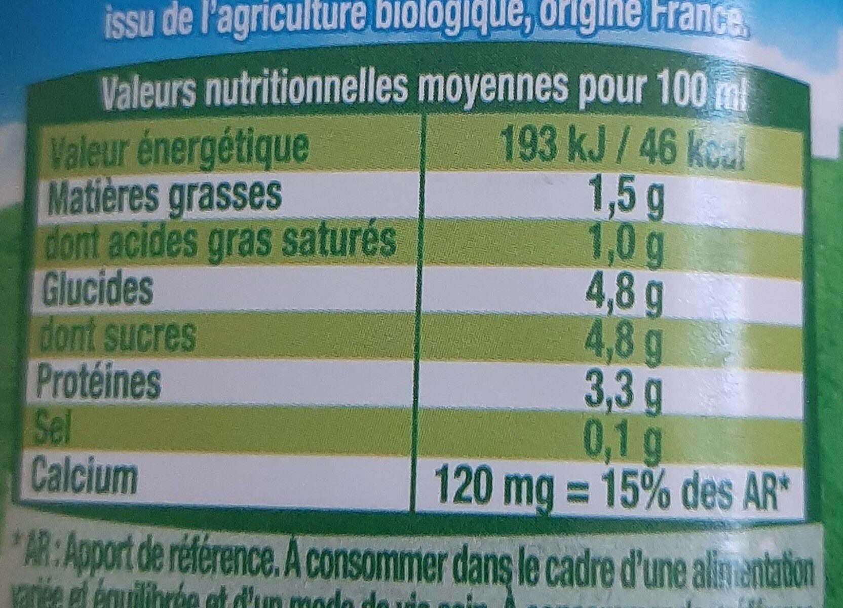 Lait Bio Demi-Écrémé - Nutrition facts - fr