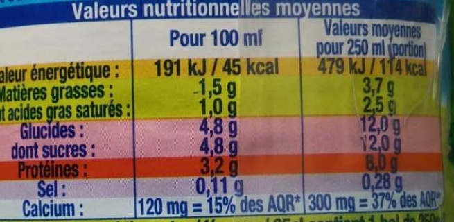 Lait Bio Demi-Écrémé - Nutrition facts - fr