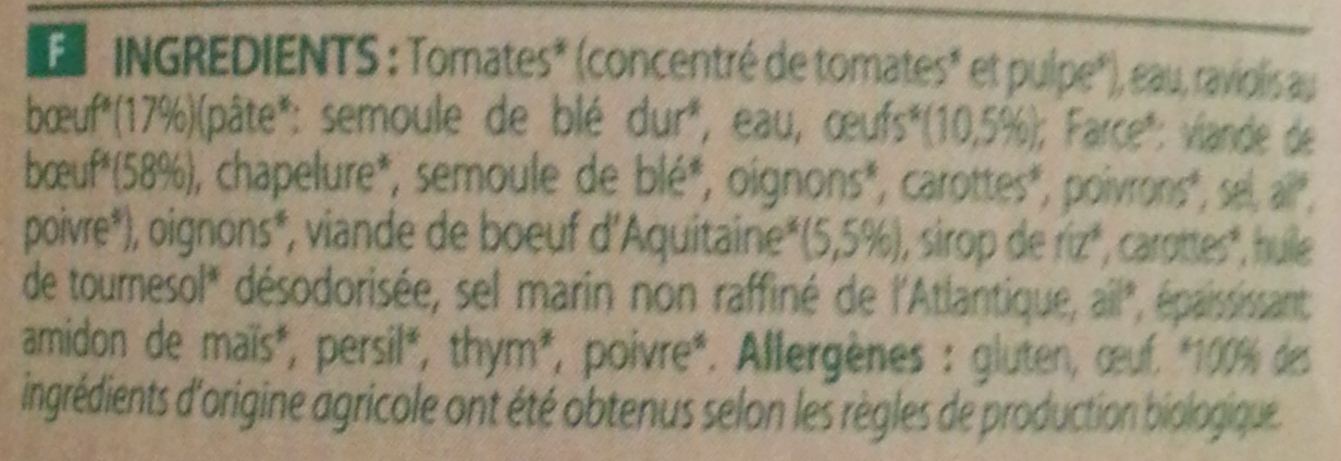 Ravioli au Boeuf Bio - Ingrédients