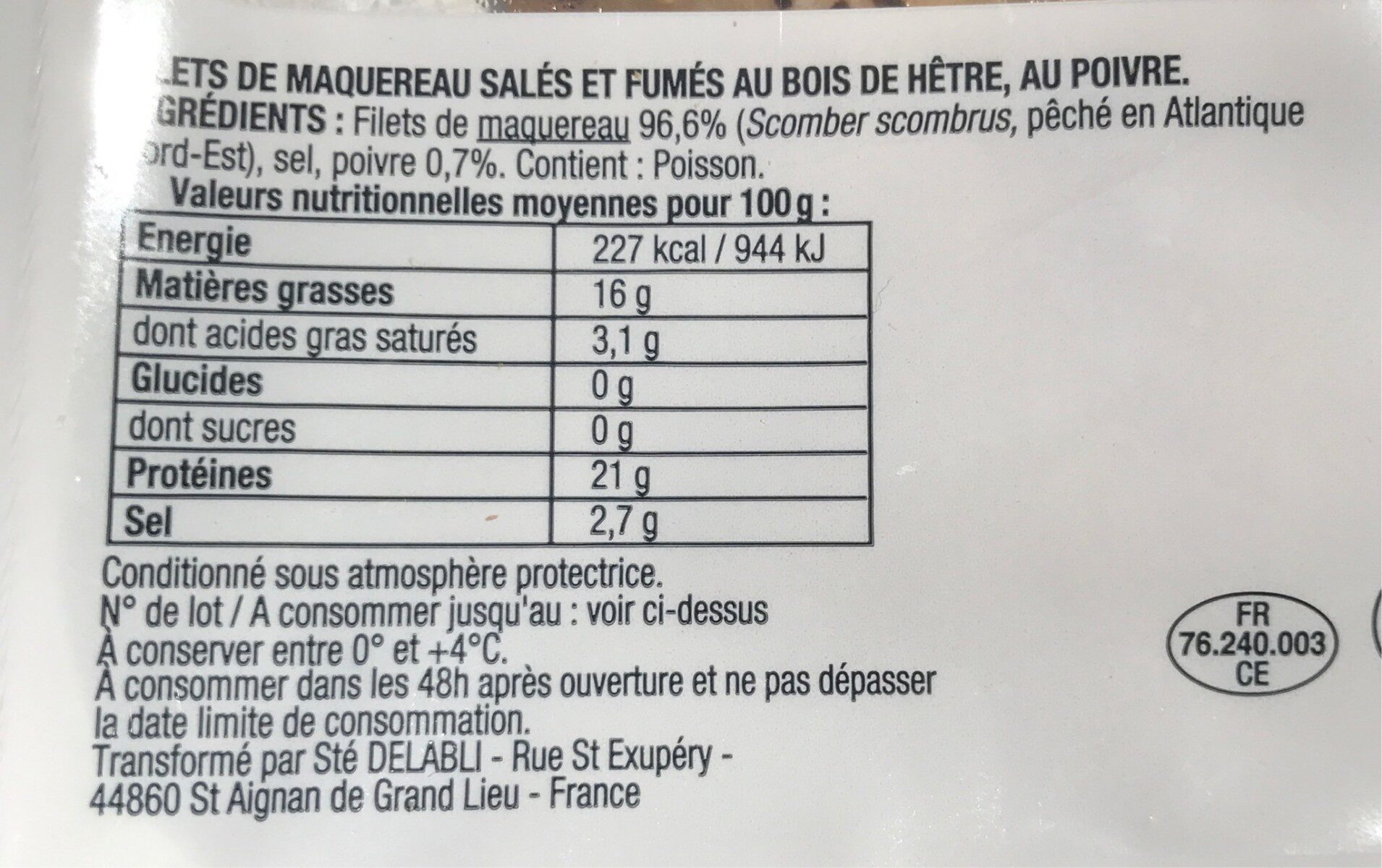 Maquereau Fumé au Bois de Hêtre - Poivre - 营养成分 - fr