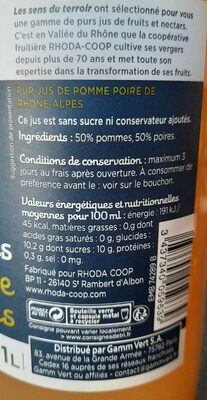 Pur jus Pomme-,Poire de Rhône Alpes - Nutrition facts - fr