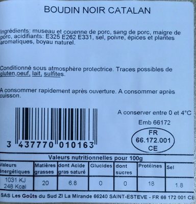 Boudin Noir Catalan Goût Du Sud, x2 - Ingredients - fr