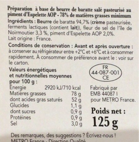 Beurre de baratte salé au piment d’espelette - Nutrition facts - fr